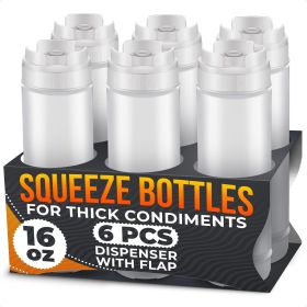 Set of 6 Condiment Squeeze Bottles for Sauces 16 oz Self Closing Valve Easy to Fill Clear Design Ready to Dispense for Dressings Condiments and S