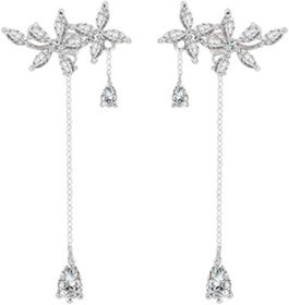 925 Sterling Silver CZ Flowers Wrap Earrings Dangle Chain for Women Elegant Bridal Earrings Wedding Engagement Drop Earrings (Color: A-Silver)