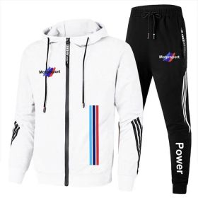 For Bmw Men's Casual Sports Suit Zipper Hooded Jacket + Pants Tracksuit Sweatshirt Casual Male Set (Color: White, size: 2XL)