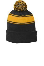Sport-Tek Stripe Pom Pom Beanie STC28 (Color: Black/ Gold, size: OSFA)