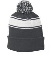 Sport-Tek Stripe Pom Pom Beanie STC28 (Color: Iron Grey/ White, size: OSFA)