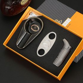 GALINER Travel Cigar Accessories Set Metal Butane Gas Lighter Cigar Cutter Tobacco Guillotine Home Ceramic Cigar Ashtrays (Color: Black)