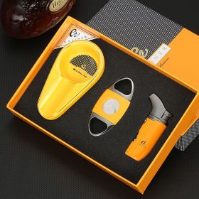 GALINER Travel Cigar Accessories Set Metal Butane Gas Lighter Cigar Cutter Tobacco Guillotine Home Ceramic Cigar Ashtrays (Color: Gold)