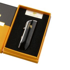 Lighter Metal 3 Jet Butane Gas Torch Smoking Lighter W/ Cigar Punch Stripe Sharp Cigar Lighter (Color: Black With Box)
