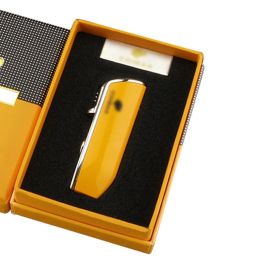 Lighter Metal 3 Jet Butane Gas Torch Smoking Lighter W/ Cigar Punch Stripe Sharp Cigar Lighter (Color: Yellow With Box)
