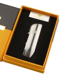 Lighter Metal 3 Jet Butane Gas Torch Smoking Lighter W/ Cigar Punch Stripe Sharp Cigar Lighter (Color: Silver With Box)