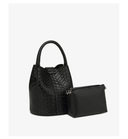 Simple niche woven pattern handbag bucket bag women's bag tide 2025 new senior sense shoulder bag crossbody bag (Color: Black)