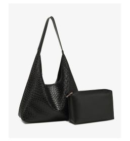 Soft Leather Weaving Underarm Shoulder Bag Large Capacity Sub Mother Bucket Bag Lazy Wind Tote Bag Shopping Travel Handbag (Color: Black)