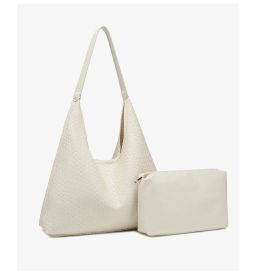 Soft Leather Weaving Underarm Shoulder Bag Large Capacity Sub Mother Bucket Bag Lazy Wind Tote Bag Shopping Travel Handbag (Color: rice-white)