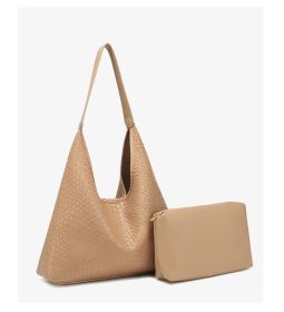 Soft Leather Weaving Underarm Shoulder Bag Large Capacity Sub Mother Bucket Bag Lazy Wind Tote Bag Shopping Travel Handbag (Color: Apricot)