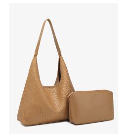 Soft Leather Weaving Underarm Shoulder Bag Large Capacity Sub Mother Bucket Bag Lazy Wind Tote Bag Shopping Travel Handbag (Color: Brown)